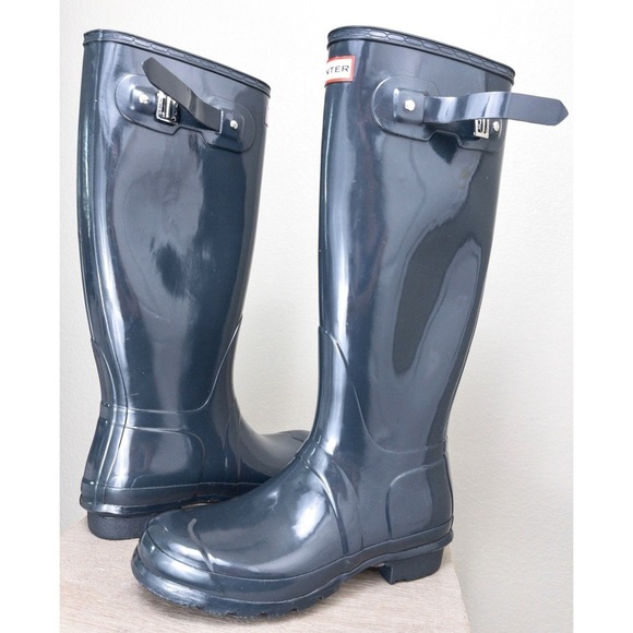 NWT Hunter Original Tall Gloss Rain Boots 9 Navy Blue Knee High Side Adjustable - Picture 1 of 9